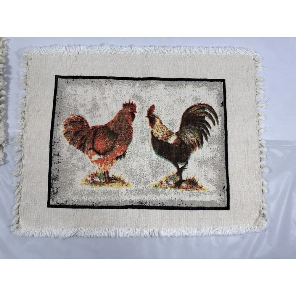 Set Of 6‎ Rustic Rooster Placemats Fringed Edges Linen Look Cottage Farmhouse